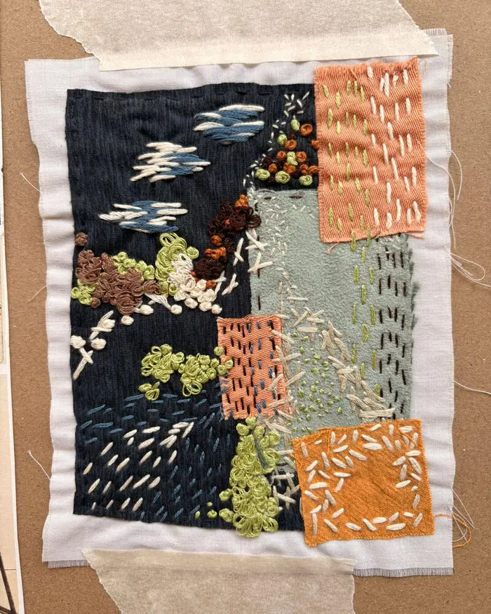 Pajuçara, nuvens, pássaros e prédios. Slow stitch, 12 × 18 cm